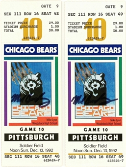 Lot of (2) 1992 Mike Singletary Signed Chicago Bears Tickets From Last Home Game Of The Season On 12/13/1992 (Singletary LOA)